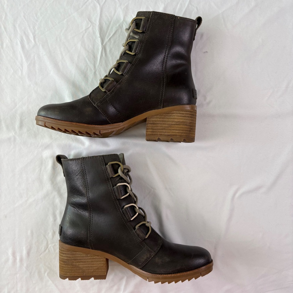 Sorel Cate Lace Boots Women 9 Brown Leather Waterproof Block Gorpcore Urban Hike - Picture 5 of 9